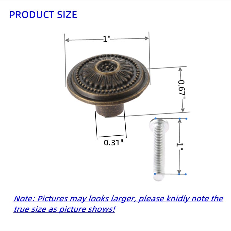 dophee 2Pcs Vintage Farmhouse Style Single Hole Knobs for Cupboard Dresser Door Drawer, Size:(DiaxH) 1.02"x0.67" - Image 2